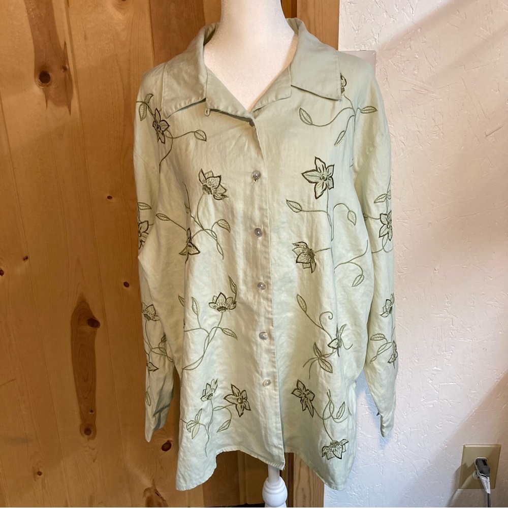 VTG C.B. Studio by CoreyB Green Floral Embroidered 100% Linen Shirt Sz L